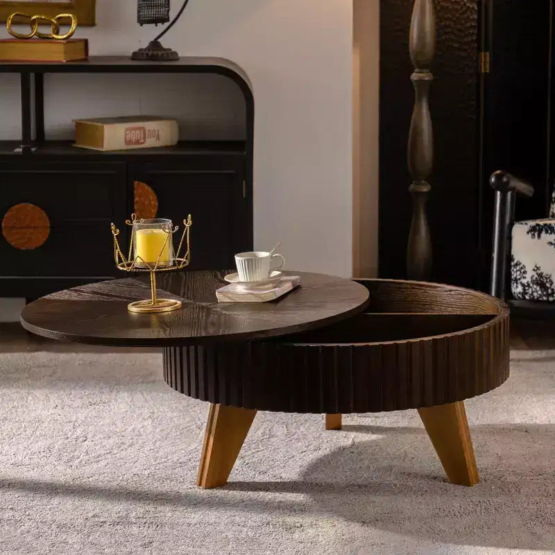Table basse ronde rétro marron avec étagère de rangement