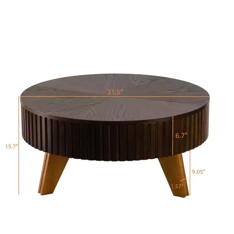 Table basse ronde rétro marron avec étagère de rangement