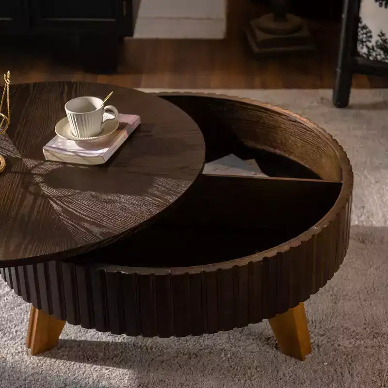 Table basse ronde rétro marron avec étagère de rangement