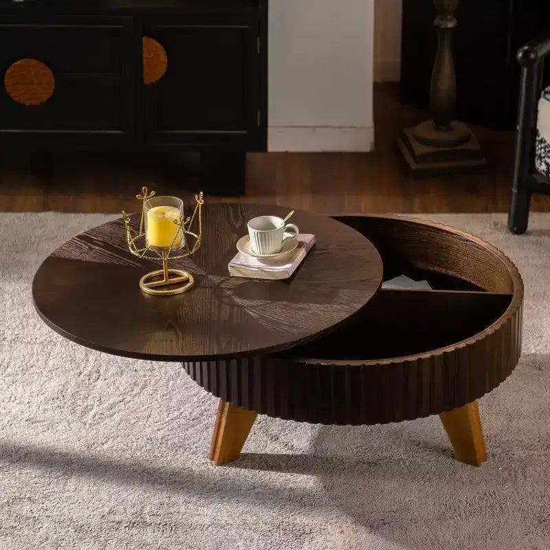 Table basse ronde rétro marron avec étagère de rangement