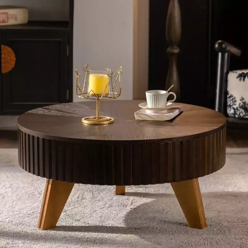 Table basse ronde rétro marron avec étagère de rangement