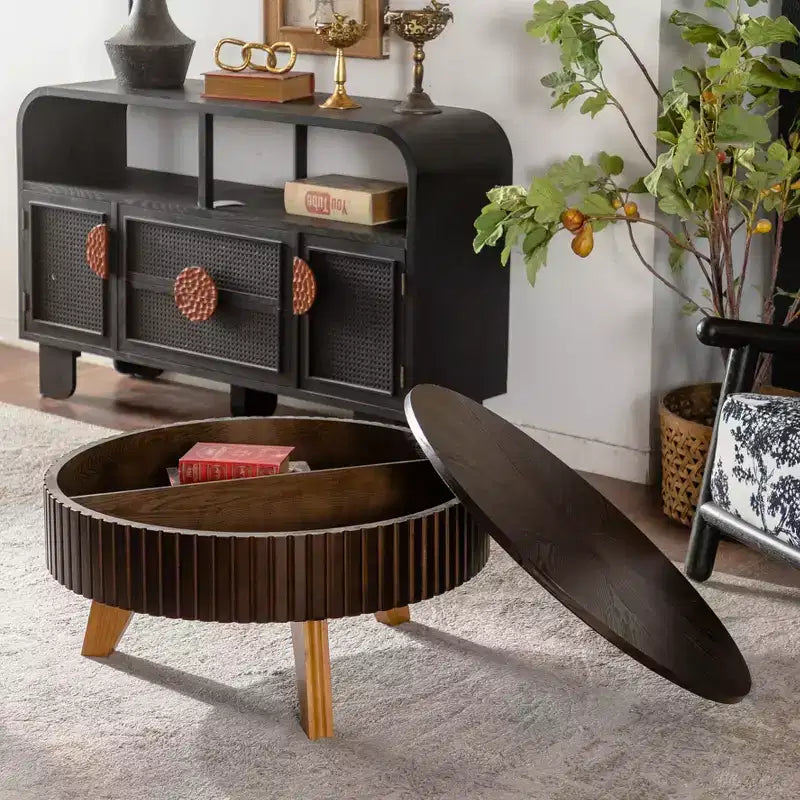 Table basse ronde rétro marron avec étagère de rangement