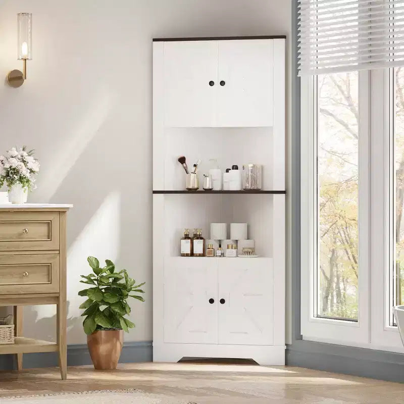 64.8 Tall Farmhouse Corner Cabinet with 4 Barn Doors and 5 Shelves, Space-Saving Storage Cabinet for Living Room and Kitchen