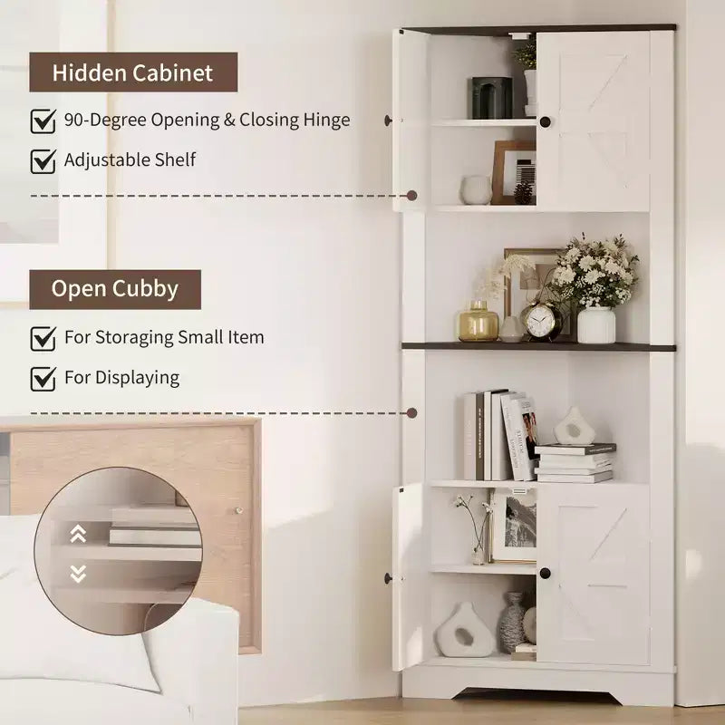 Meuble d'angle en bois marron avec 4 portes de grange, 5 étagères – Assemblage par 1 personne