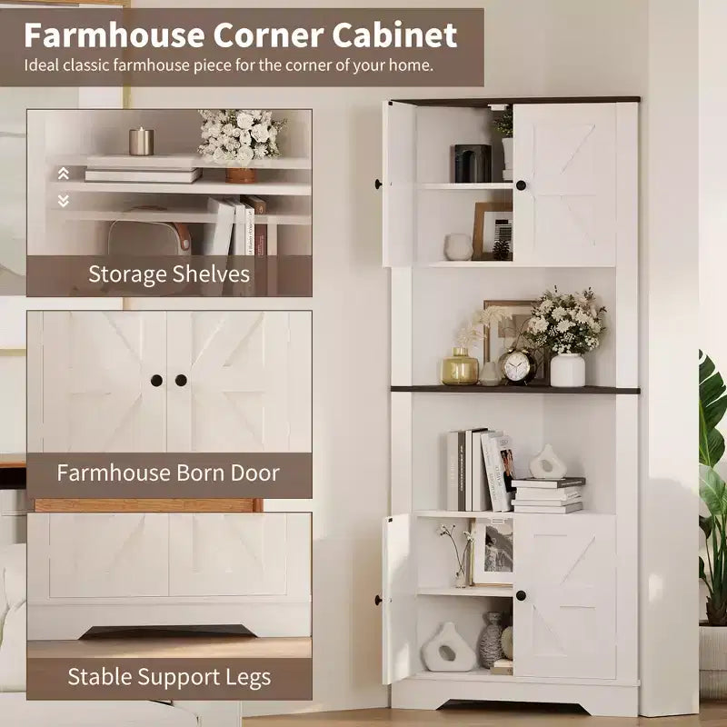 Meuble d'angle en bois marron avec 4 portes de grange, 5 étagères – Assemblage par 1 personne
