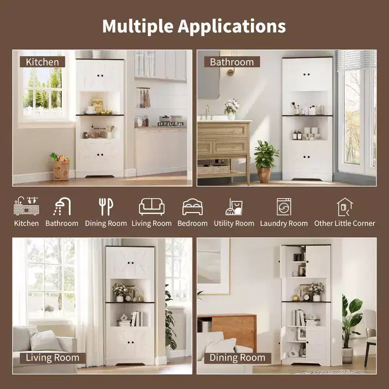 Meuble d'angle en bois marron avec 4 portes de grange, 5 étagères – Assemblage par 1 personne