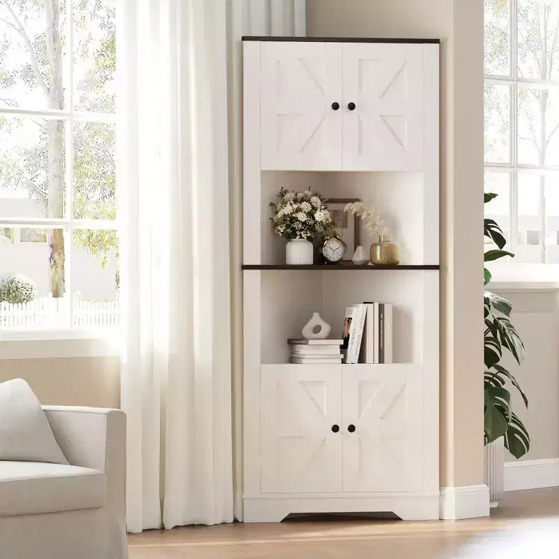 Meuble d'angle en bois marron avec 4 portes de grange, 5 étagères – Assemblage par 1 personne