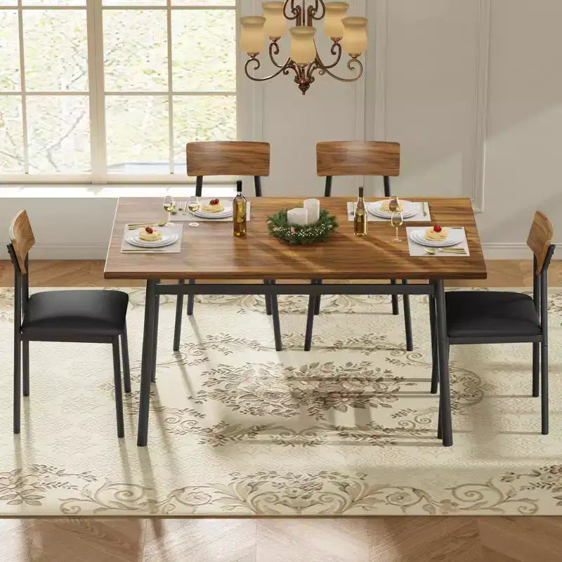Ensemble de salle à manger 5 pièces pour 4 personnes (noir/marron/gris) – Table imitation bois et chaises rembourrées