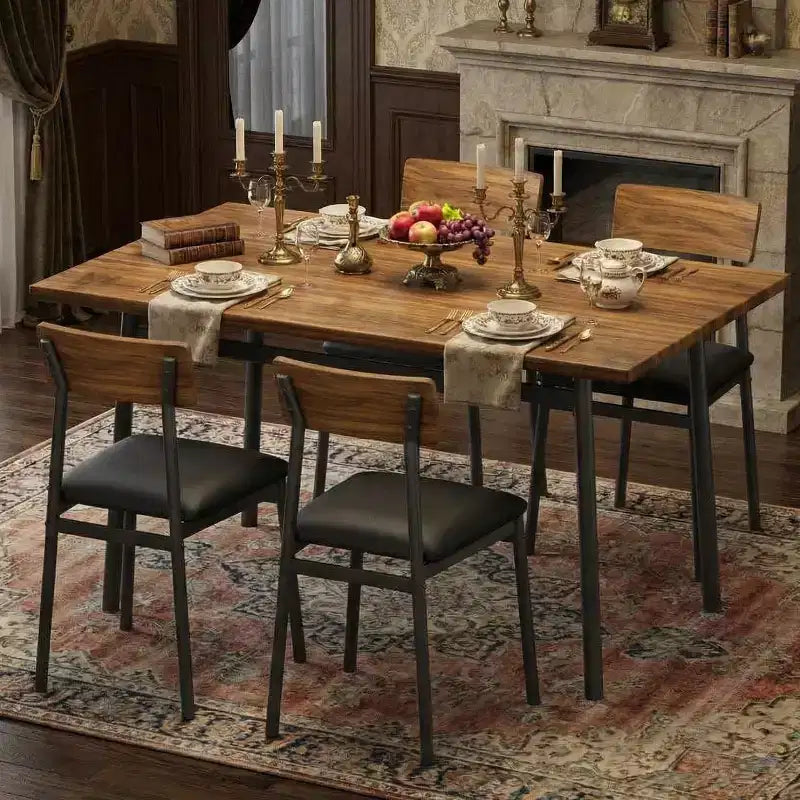 Ensemble de salle à manger 5 pièces pour 4 personnes (noir/marron/gris) – Table imitation bois et chaises rembourrées