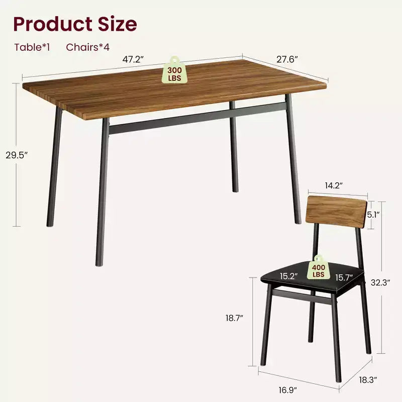 Ensemble de salle à manger 5 pièces pour 4 personnes (noir/marron/gris) – Table imitation bois et chaises rembourrées