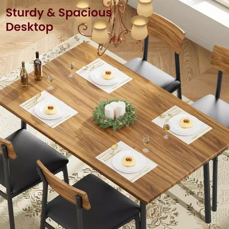Ensemble de salle à manger 5 pièces pour 4 personnes (noir/marron/gris) – Table imitation bois et chaises rembourrées
