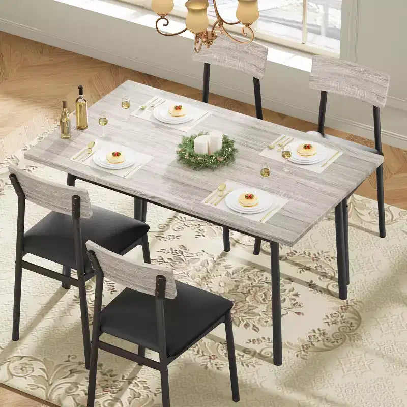 Ensemble de salle à manger 5 pièces pour 4 personnes (noir/marron/gris) – Table imitation bois et chaises rembourrées