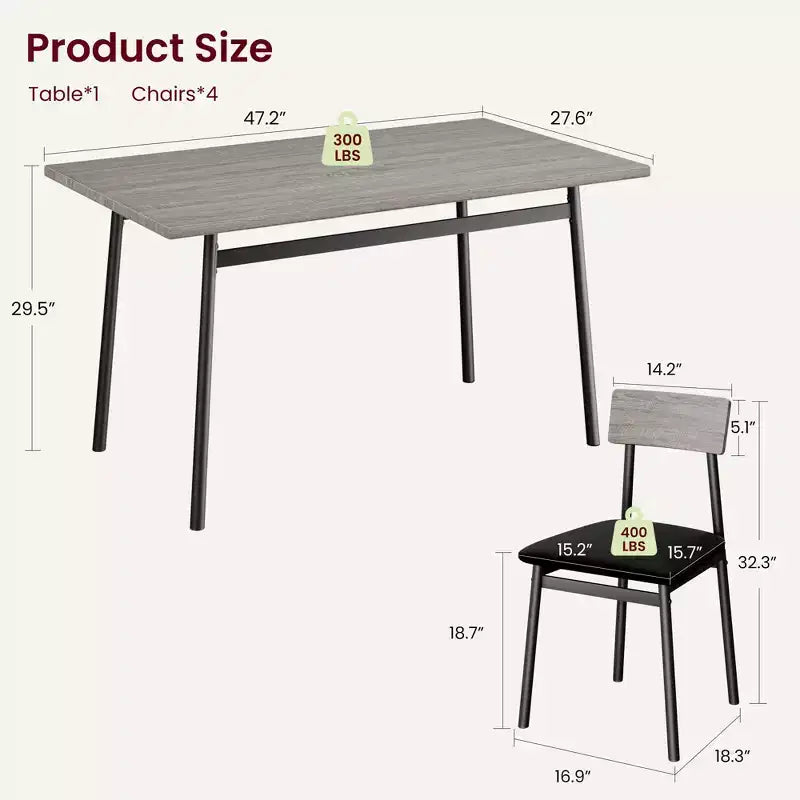 Ensemble de salle à manger 5 pièces pour 4 personnes (noir/marron/gris) – Table imitation bois et chaises rembourrées