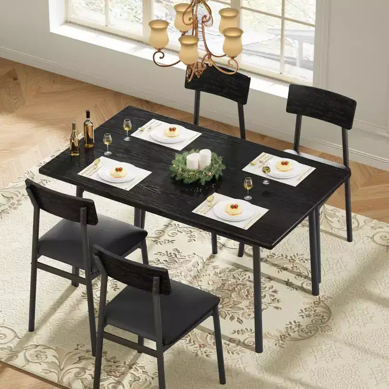 Ensemble de salle à manger 5 pièces pour 4 personnes (noir/marron/gris) – Table imitation bois et chaises rembourrées