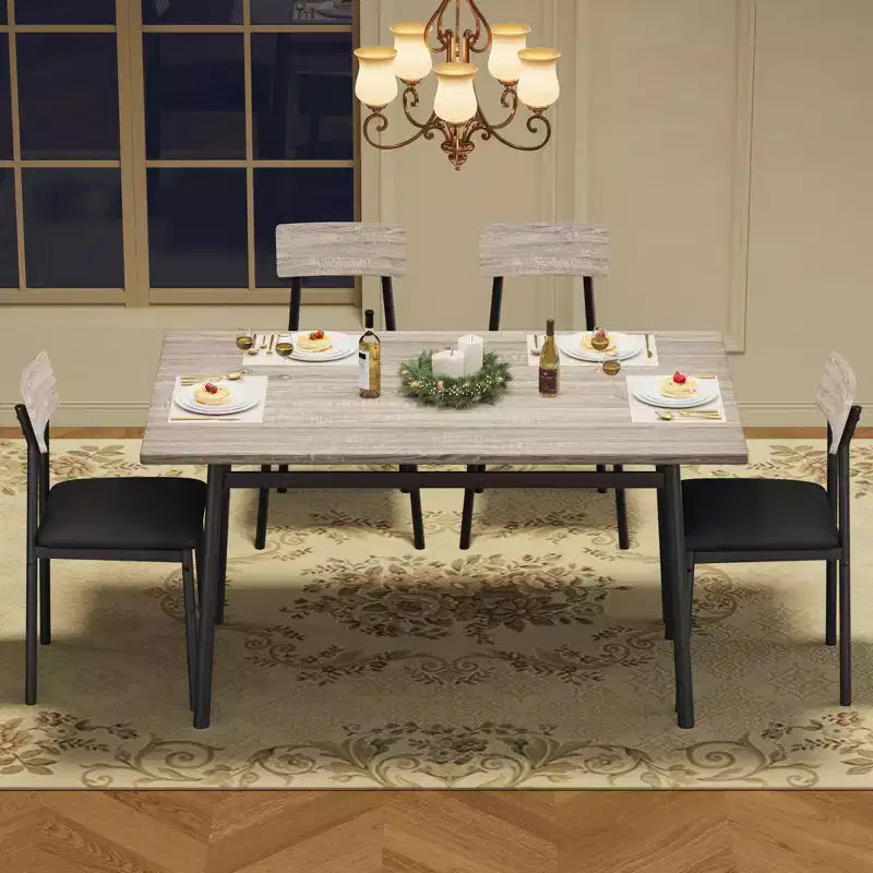 Ensemble de salle à manger 5 pièces pour 4 personnes (noir/marron/gris) – Table imitation bois et chaises rembourrées