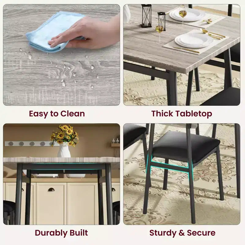 Ensemble de salle à manger 5 pièces pour 4 personnes (noir/marron/gris) – Table imitation bois et chaises rembourrées