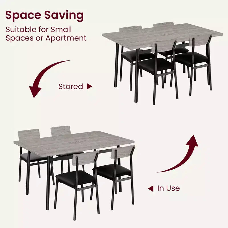 Ensemble de salle à manger 5 pièces pour 4 personnes (noir/marron/gris) – Table imitation bois et chaises rembourrées