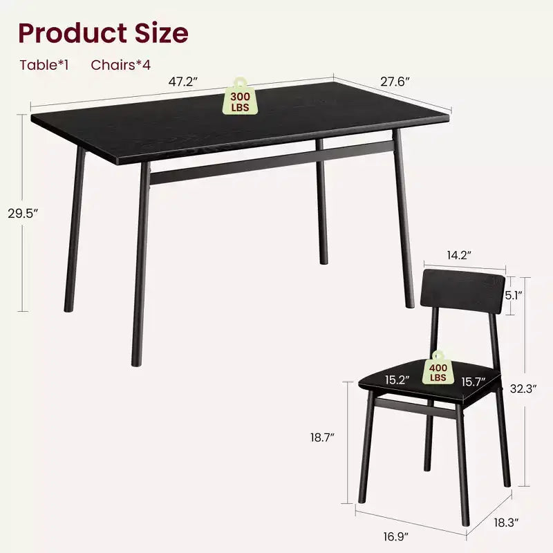 Ensemble de salle à manger 5 pièces pour 4 personnes (noir/marron/gris) – Table imitation bois et chaises rembourrées