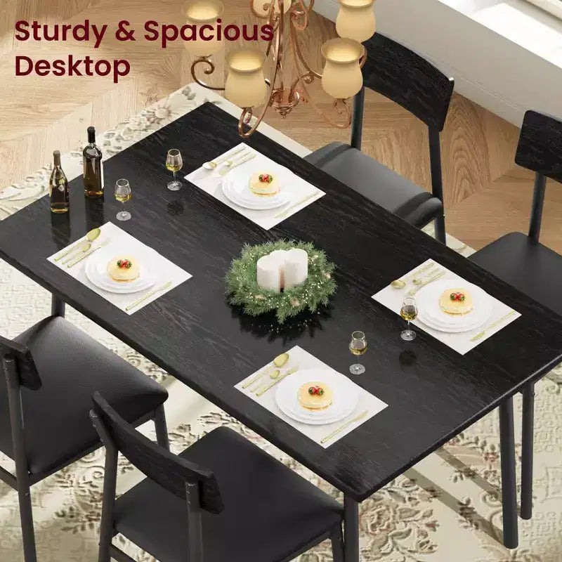 Ensemble de salle à manger 5 pièces pour 4 personnes (noir/marron/gris) – Table imitation bois et chaises rembourrées
