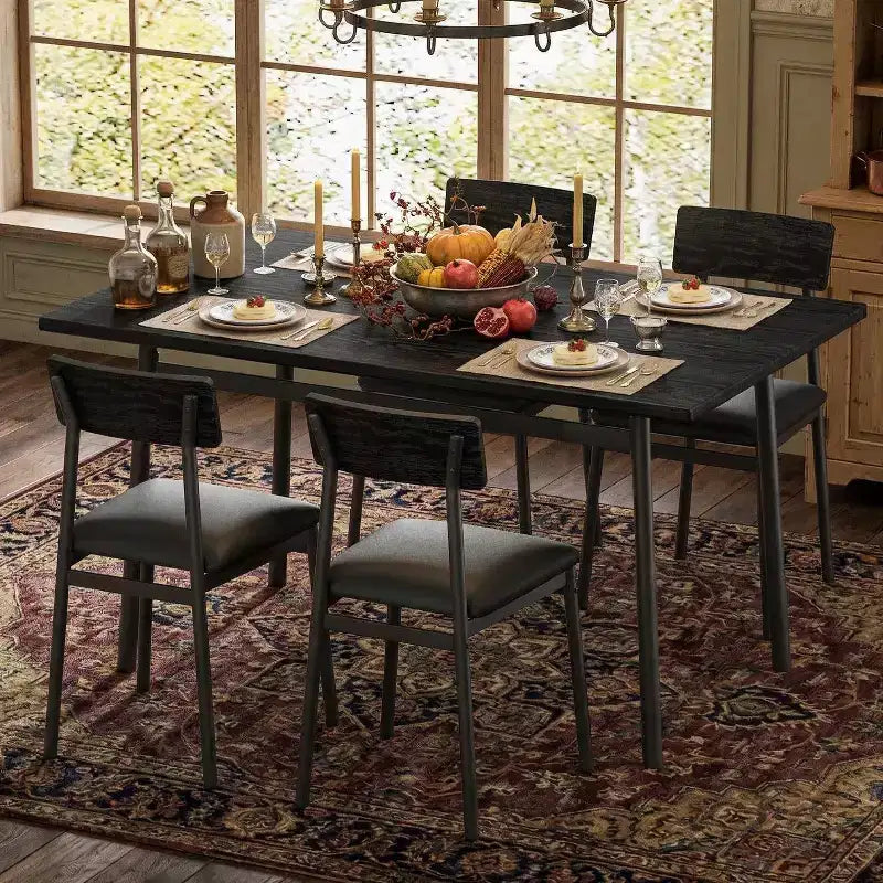 Ensemble de salle à manger 5 pièces pour 4 personnes (noir/marron/gris) – Table imitation bois et chaises rembourrées