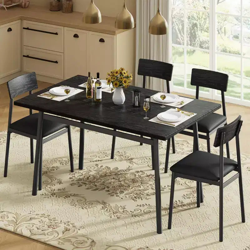 Ensemble de salle à manger 5 pièces pour 4 personnes (noir/marron/gris) – Table imitation bois et chaises rembourrées