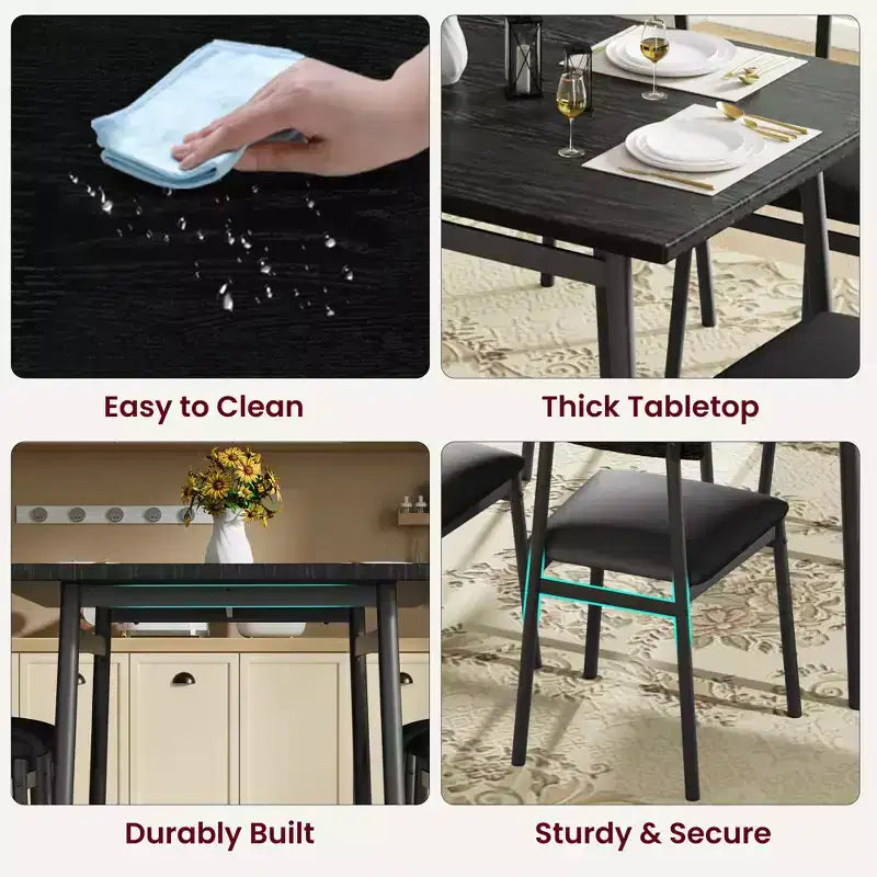 Ensemble de salle à manger 5 pièces pour 4 personnes (noir/marron/gris) – Table imitation bois et chaises rembourrées