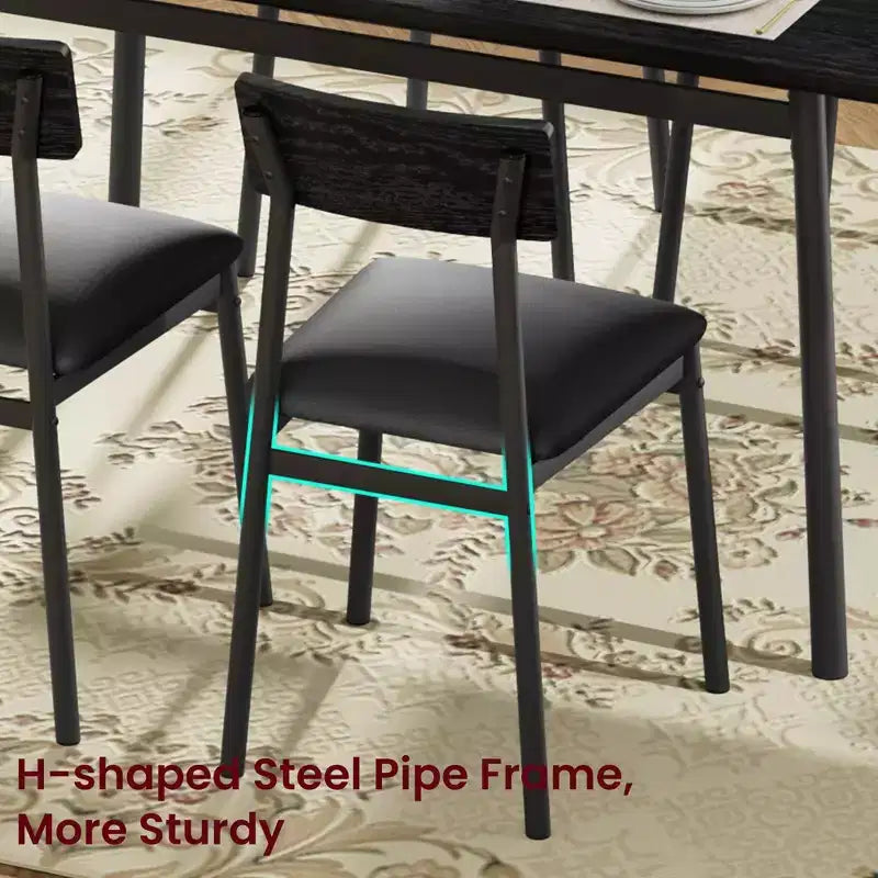 Ensemble de salle à manger 5 pièces pour 4 personnes (noir/marron/gris) – Table imitation bois et chaises rembourrées