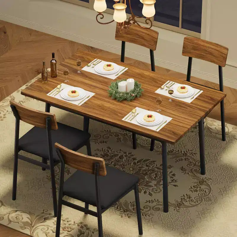 Ensemble de salle à manger 5 pièces pour 4 personnes (noir/marron/gris) – Table imitation bois et chaises rembourrées