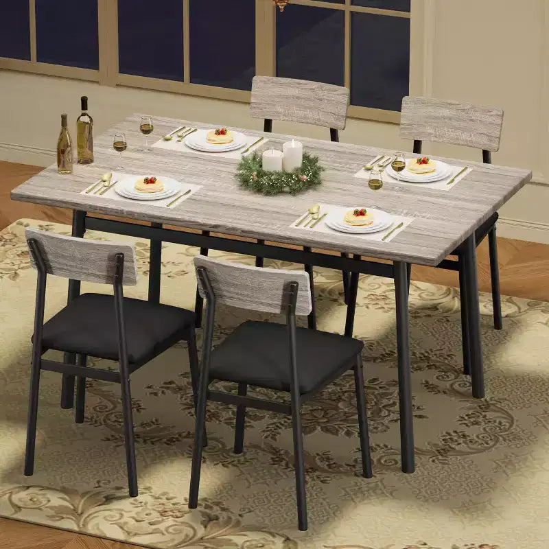 Ensemble de salle à manger 5 pièces pour 4 personnes (noir/marron/gris) – Table imitation bois et chaises rembourrées