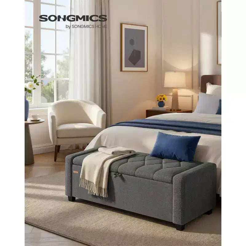 Banc de rangement ottoman aspect lin gris ardoise / sable d'été, 1 place