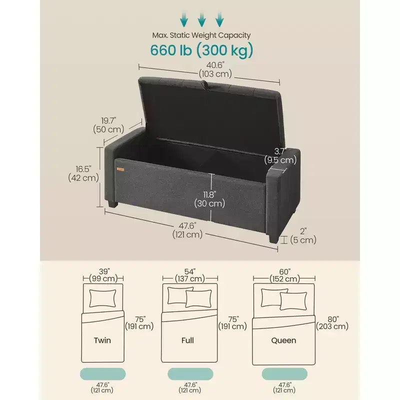 Banc de rangement ottoman aspect lin gris ardoise / sable d'été, 1 place