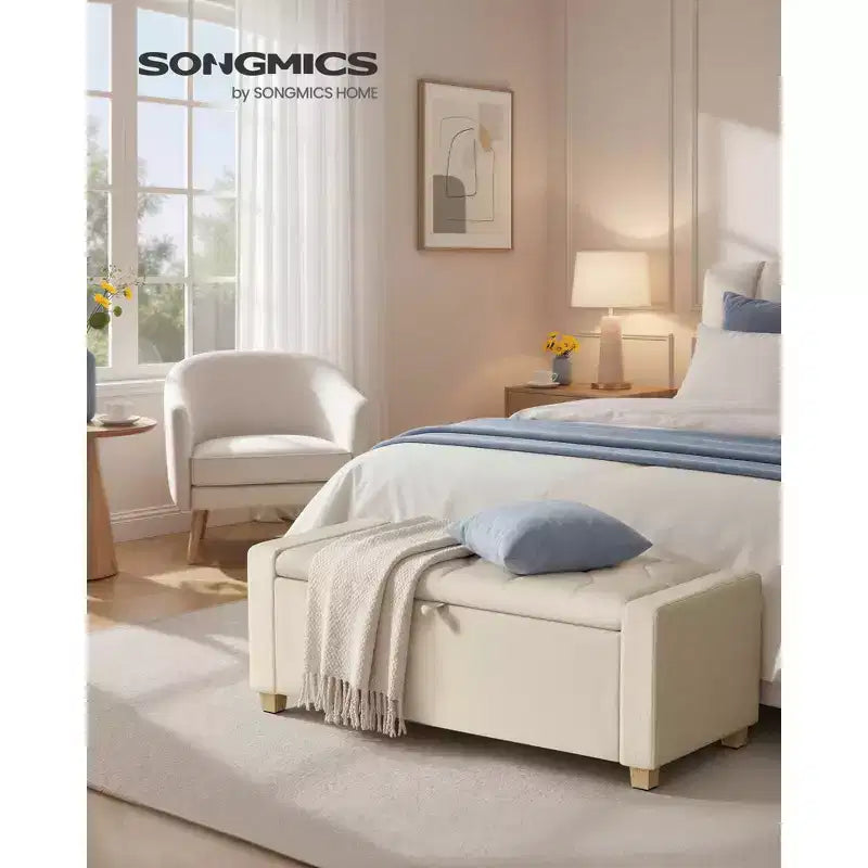 Banc de rangement ottoman aspect lin gris ardoise / sable d'été, 1 place