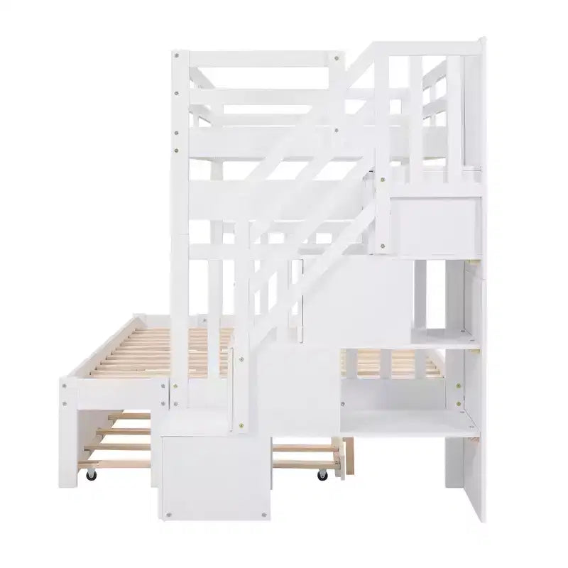 Lit superposé convertible gris/blanc double/complet avec escalier de rangement et tiroir-lit, 3 couchages