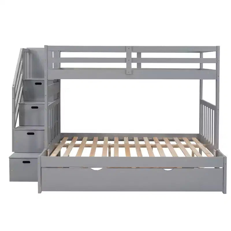Lit superposé convertible gris/blanc double/complet avec escalier de rangement et tiroir-lit, 3 couchages