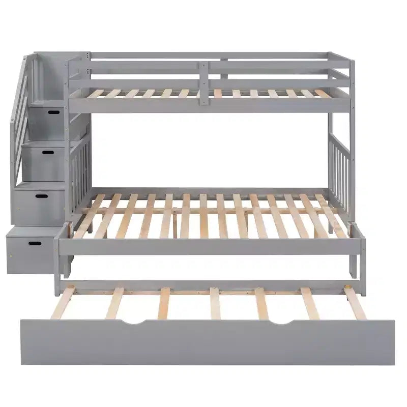 Lit superposé convertible gris/blanc double/complet avec escalier de rangement et tiroir-lit, 3 couchages