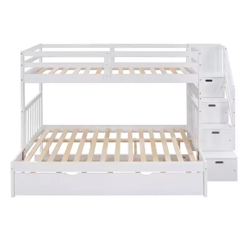 Lit superposé convertible gris/blanc double/complet avec escalier de rangement et tiroir-lit, 3 couchages
