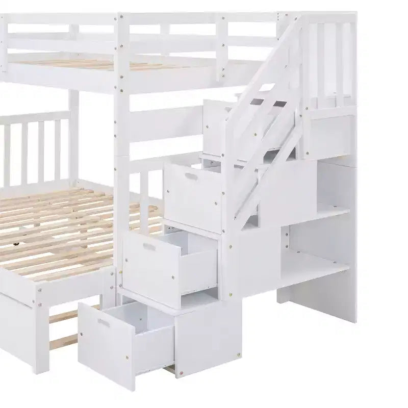 Lit superposé convertible gris/blanc double/complet avec escalier de rangement et tiroir-lit, 3 couchages