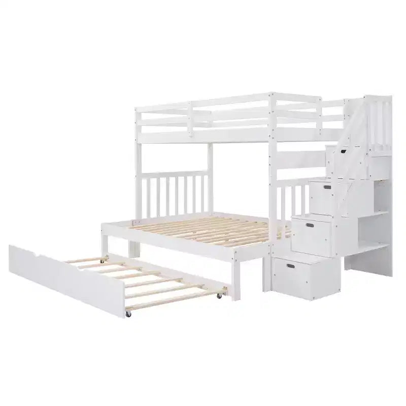 Lit superposé convertible gris/blanc double/complet avec escalier de rangement et tiroir-lit, 3 couchages