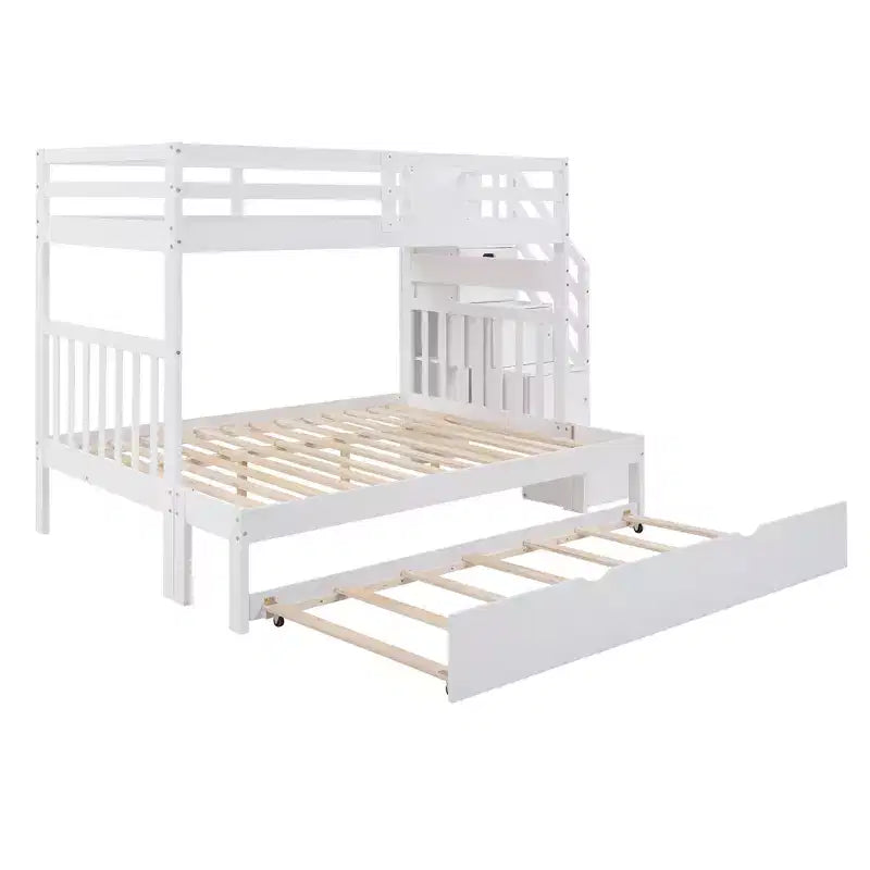 Lit superposé convertible gris/blanc double/complet avec escalier de rangement et tiroir-lit, 3 couchages