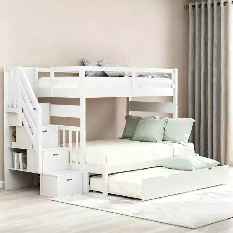 Lit superposé convertible gris/blanc double/complet avec escalier de rangement et tiroir-lit, 3 couchages