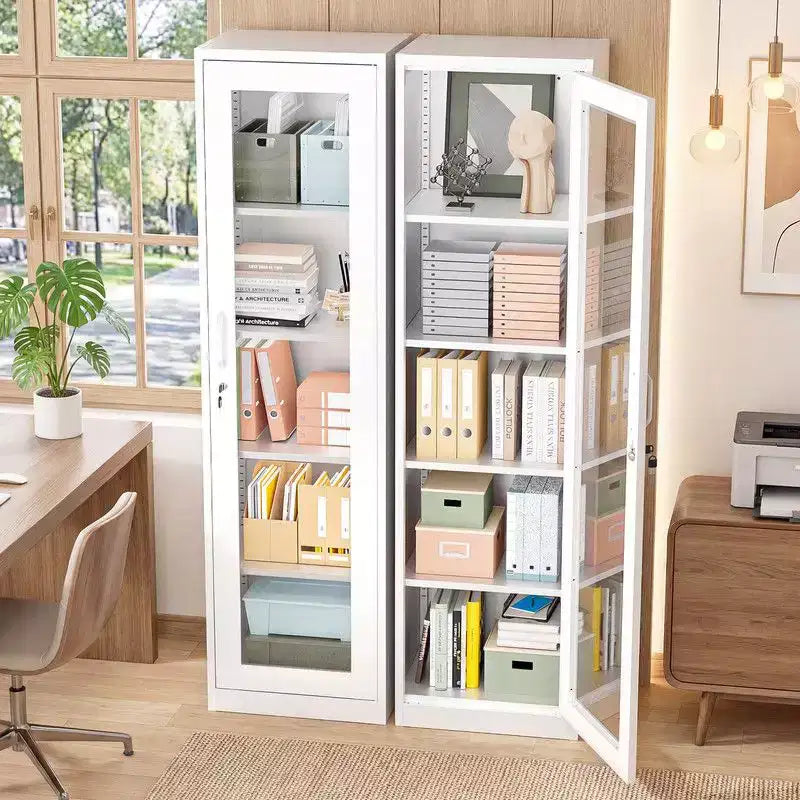 Armoire de rangement en acier blanc, porte simple vitrée, 5 étagères, montage par 1 personne