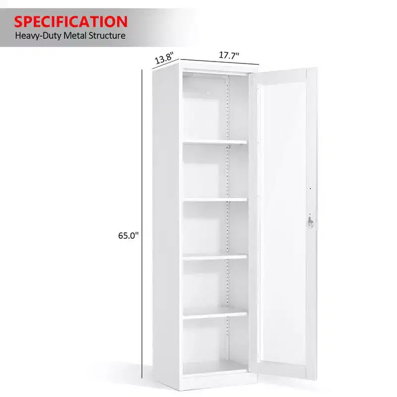 Armoire de rangement en acier blanc, porte simple vitrée, 5 étagères, montage par 1 personne