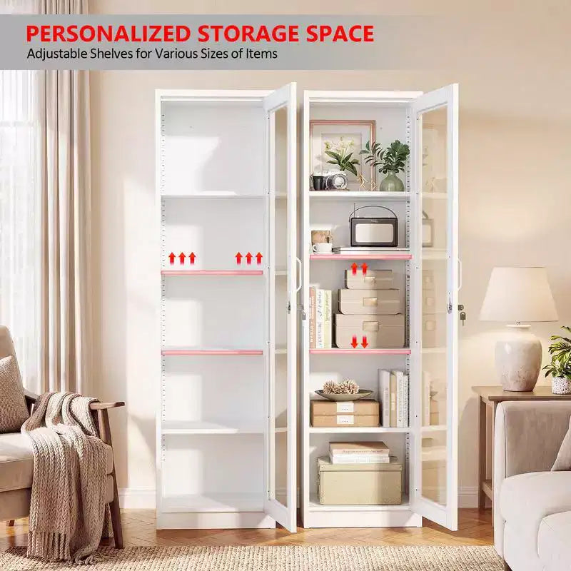 Armoire de rangement en acier blanc, porte simple vitrée, 5 étagères, montage par 1 personne