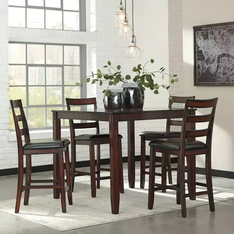 Ensemble de salle à manger hauteur comptoir marron, 5 pièces, 4 places, similicuir et bois