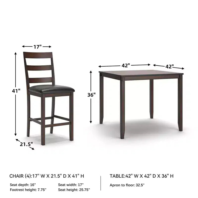 Ensemble de salle à manger hauteur comptoir marron, 5 pièces, 4 places, similicuir et bois