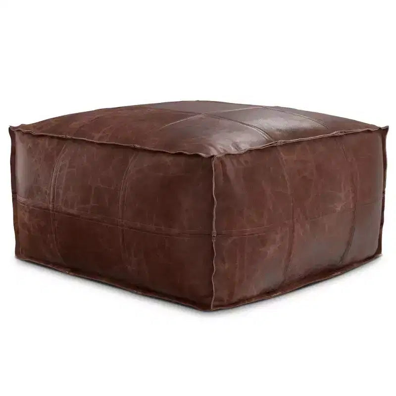 Pouf ottoman carré en cuir marron, 1 place