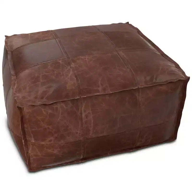 Pouf ottoman carré en cuir marron, 1 place